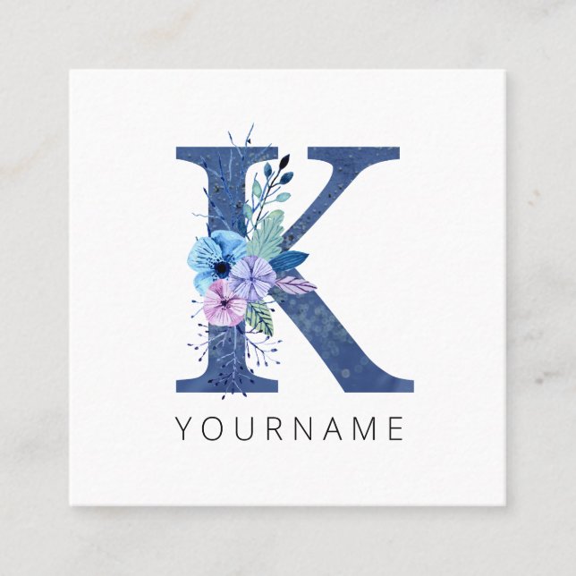 Floral Monogram K Winter Blue Blossoms Square Business Card (Front)