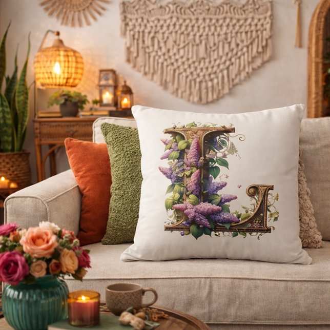 floral monogram L throw pillow vintage botanical  (Creator Uploaded)