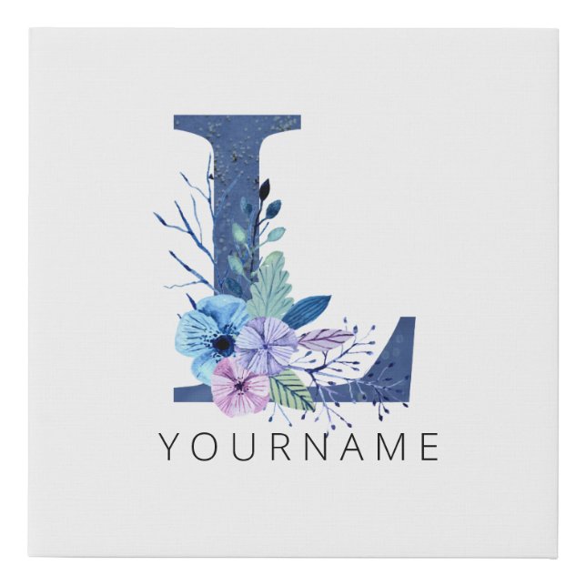 Floral Monogram L Winter Blue Blossoms Faux Canvas Print (Front)