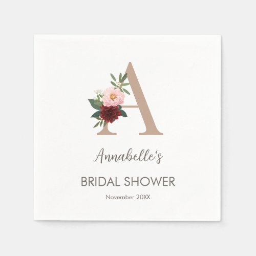 Floral Monogram Letter A Bridal Shower   Napkins