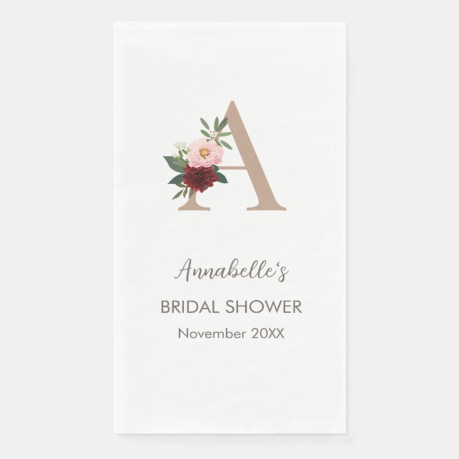 Floral Monogram Letter A Bridal Shower  Paper Guest Towels (Front)