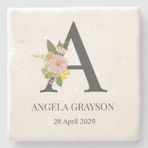 Floral Monogram Letter A Custom Name and Date  Stone Coaster