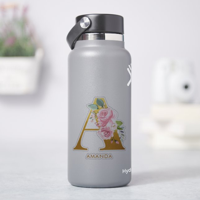 Floral Monogram Letter A Monogrammed Sticker (HydroFlask)