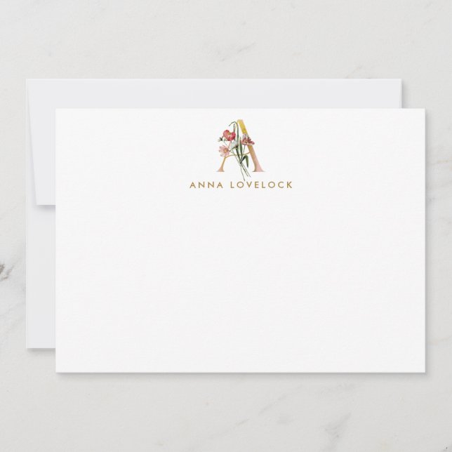 Floral Monogram Letter A Personalized Note Card (Front)