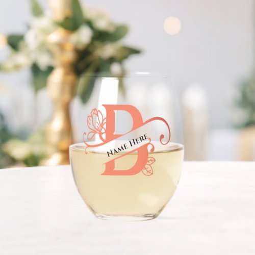 Floral Monogram Letter B Add Name Change Color  Stemless Wine Glass