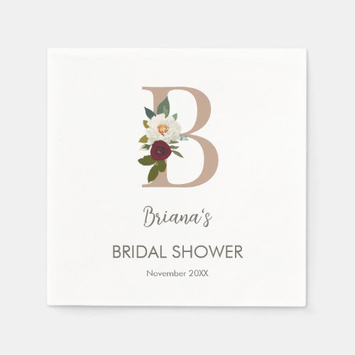 Floral Monogram Letter B Bridal Shower  Napkins