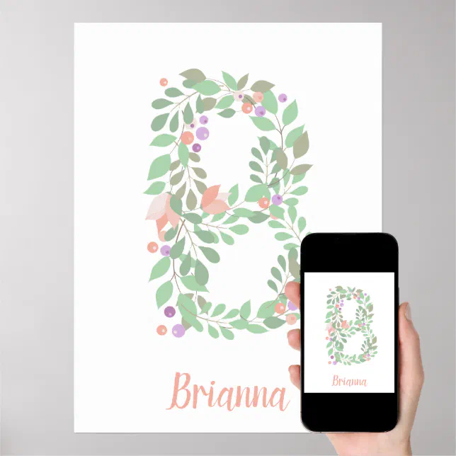 Floral Monogram Letter B Custom Name Template Poster | Zazzle