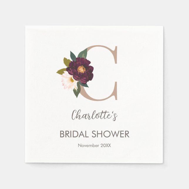 Floral Monogram Letter C Bridal Shower    Napkins (Front)