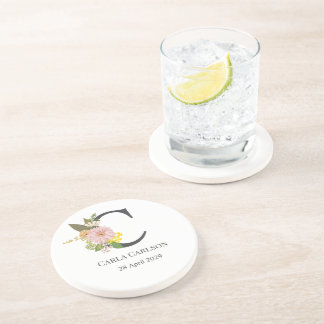 Floral Monogram Letter C Custom Name and Date Coaster