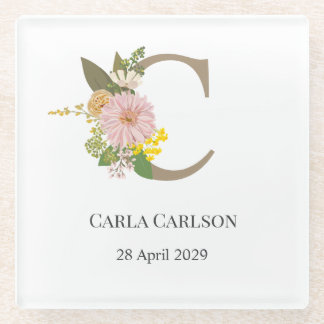 Floral Monogram Letter C Custom Name and Date Glass Coaster