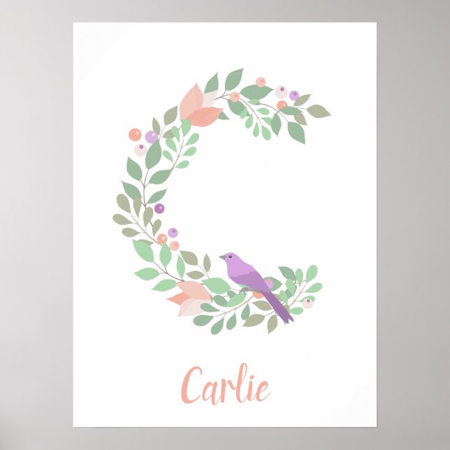 Floral monogram letter C purple bird name Poster (Front)