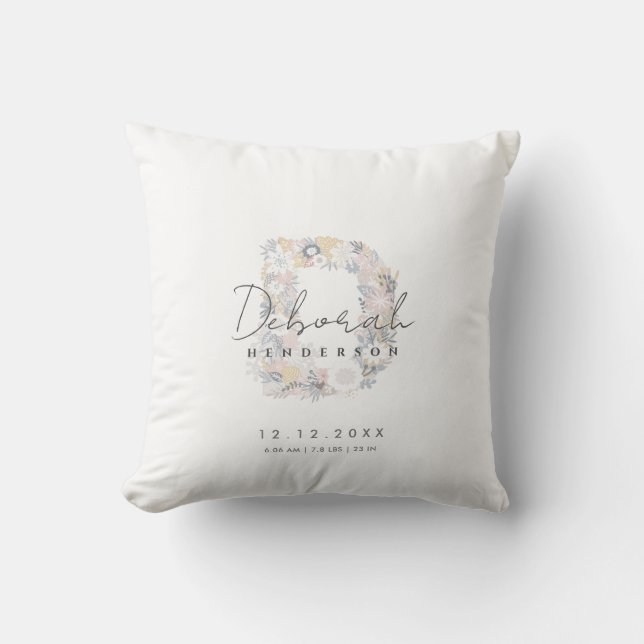 Floral Monogram Letter D Baby Birth Stats Throw Pillow (Front)