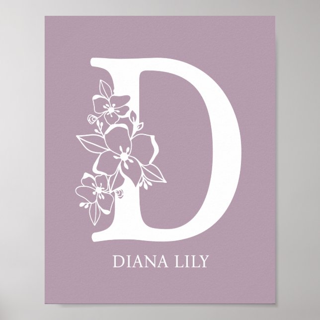 Floral Monogram Letter D Name Nursery Modern  Poster (Front)