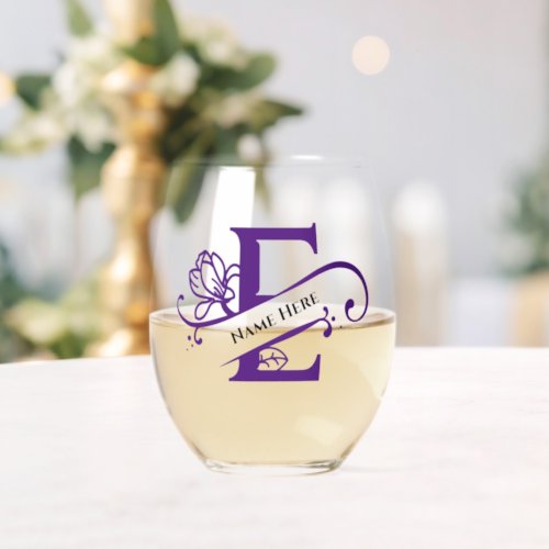 Floral Monogram Letter E Add Name Change Color  Stemless Wine Glass