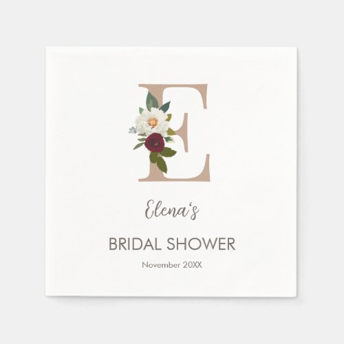 Floral Monogram Letter E Bridal Shower   Napkins