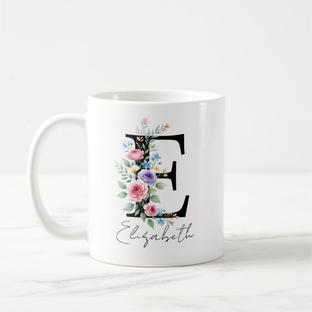  Floral Monogram – Letter E Coffee Mug (Left)