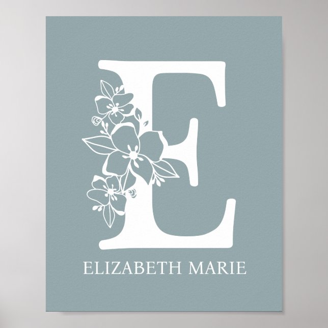Floral Monogram Letter E Name Nursery Modern  Poster (Front)