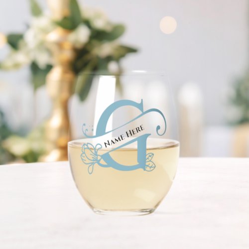 Floral Monogram Letter G Add Name Change Color  Stemless Wine Glass