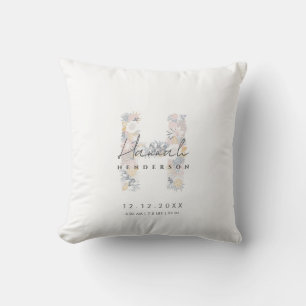 Floral Monogram Letter H Baby Birth Stats Throw Pillow