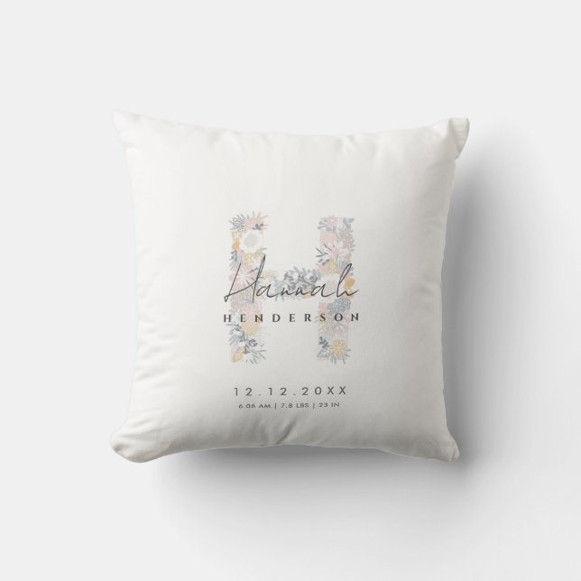 Floral Monogram Letter H Baby Birth Stats Throw Pillow (Front)