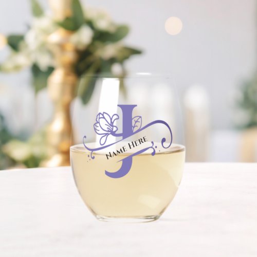 Floral Monogram Letter J Add Name Change Color  Stemless Wine Glass