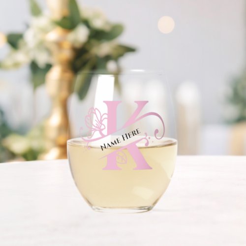 Floral Monogram Letter K Add Name Change Color  Stemless Wine Glass