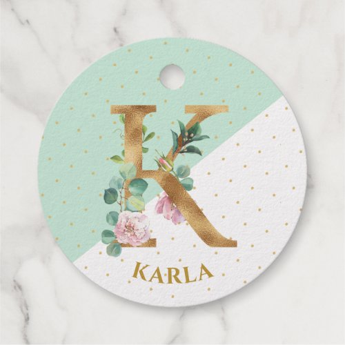 Floral monogram letter K is for Karla Foil Favor Tags
