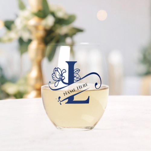 Floral Monogram Letter L Add Name Change Color  Stemless Wine Glass