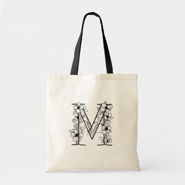 Floral Monogram Letter M Canvas Tote Bag (Front)