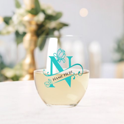 Floral Monogram Letter N Add Name Change Color  Stemless Wine Glass