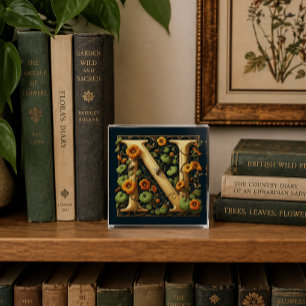 Floral Monogram Letter N Botanical Nasturtium Paperweight
