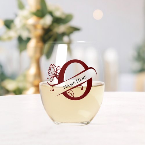 Floral Monogram Letter O Add Name Change Color  Stemless Wine Glass