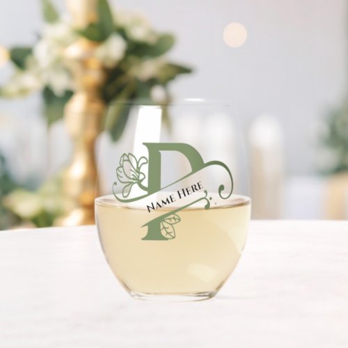 Floral Monogram Letter P Add Name Change Color  Stemless Wine Glass