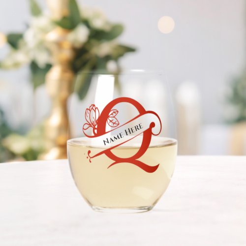 Floral Monogram Letter Q Add Name Change Color  Stemless Wine Glass