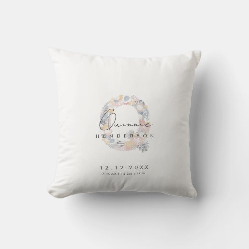 Floral Monogram Letter Q Baby Birth Stats Throw Pillow