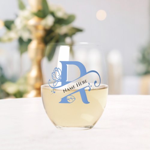 Floral Monogram Letter R Add Name Change Color  Stemless Wine Glass