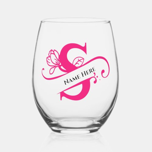 Floral Monogram Letter S Add Name Change Color  Stemless Wine Glass