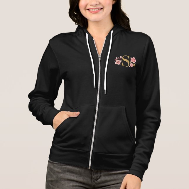 Floral Monogram Letter S Initial Black Hoodie (Front)
