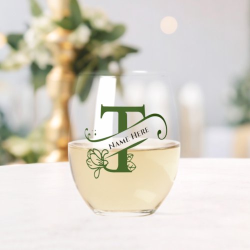 Floral Monogram Letter T Add Name Change Color  Stemless Wine Glass