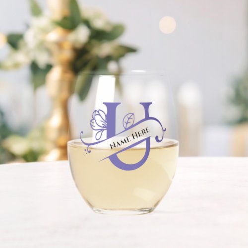 Floral Monogram Letter U  Add Name Change Color  Stemless Wine Glass