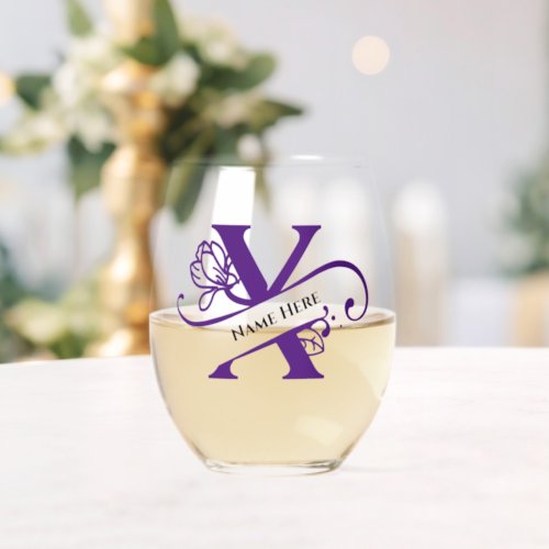 Floral Monogram Letter X  Add Name Change Color  Stemless Wine Glass