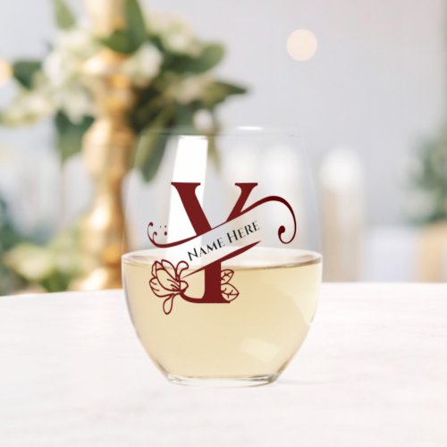 Floral Monogram Letter Y  Add Name Change Color  Stemless Wine Glass