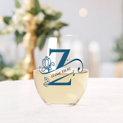 Floral Monogram Letter Z  Add Name Change Color  Stemless Wine Glass