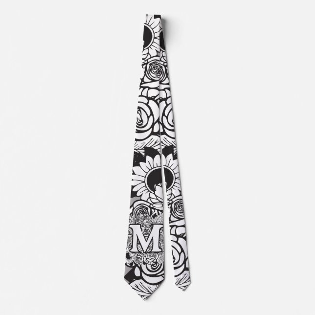 Floral Monogram "M" Black and White Tattoo Flowers Neck Tie (Front)