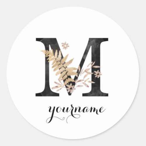 Floral Monogram M Black Gold Flora Classic Round Sticker