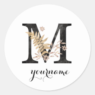 Floral Monogram M Black Gold Flora Classic Round Sticker