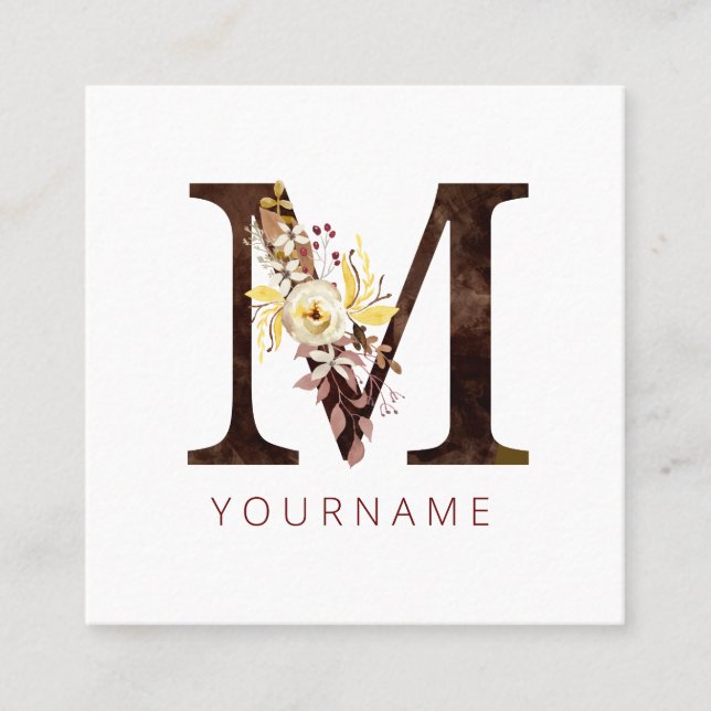 Floral Monogram M Rich Autumn Foliage Square Business Card (Front)
