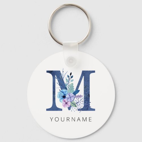 Floral Monogram M Winter Blue Blossoms Keychain