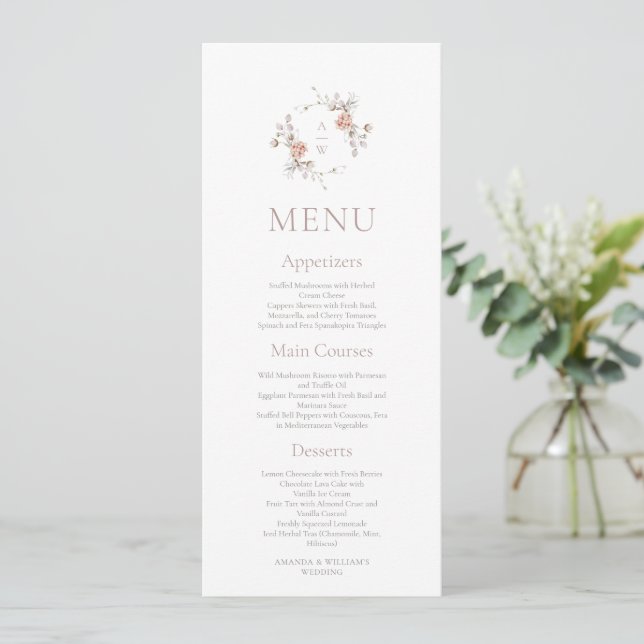Floral Monogram Minimalist Wedding Menu Invitation (Standing Front)