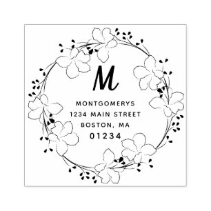 Floral Monogram Modern Script Return Address Rubber Stamp